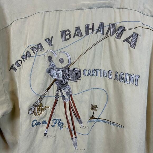 Tommy Bahama Vintage Silk Button Down Shirt “Casting Agent” Graphic Men’s Size S - Picture 7 of 8